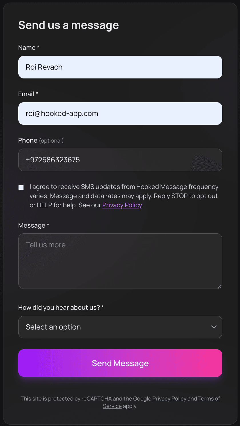 Sample organizer registration page showing an optional phone number field and unchecked SMS consent checkbox with Hooked named as the SMS sender — guests can submit without providing a mobile number