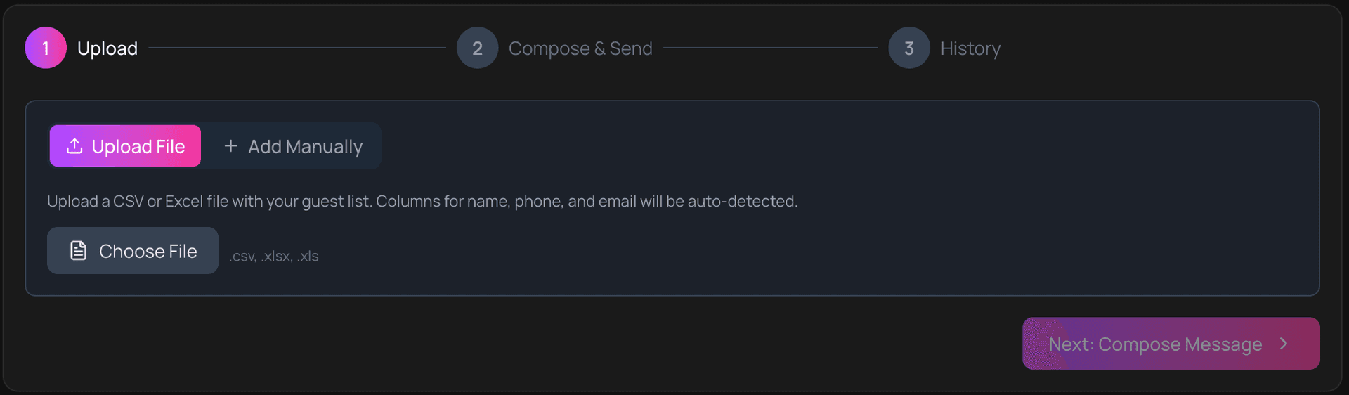 Screenshot of the Hooked admin dashboard showing the contact upload interface where organizers import their guest list via CSV file or manual entry — this screen is only visible to event organizers
