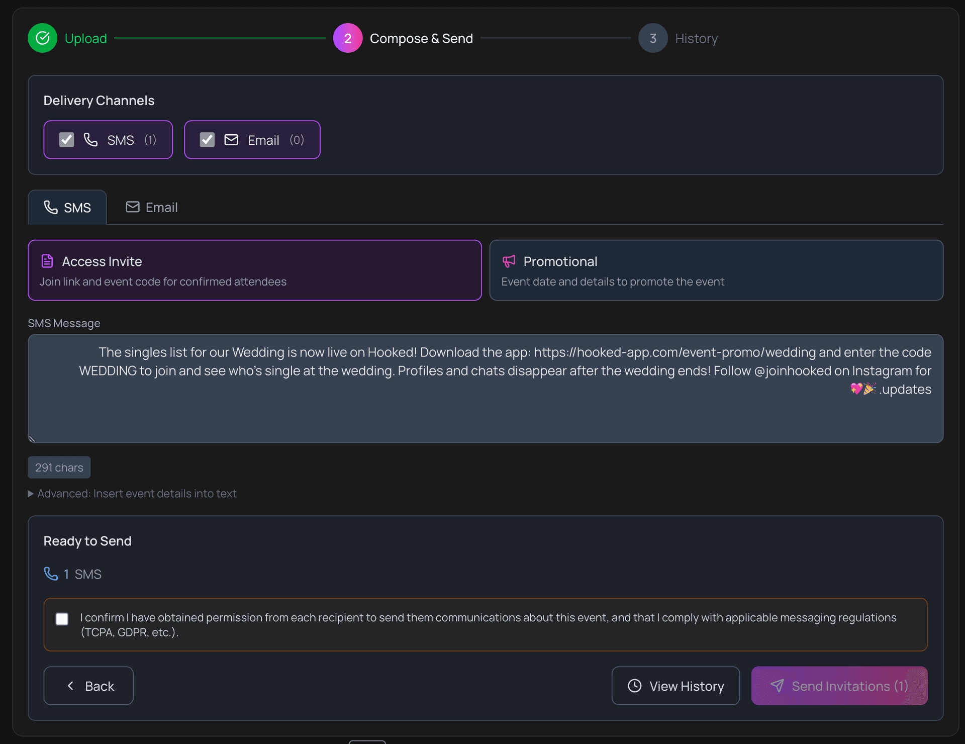 Screenshot of the Hooked admin dashboard Review and Send step showing the mandatory consent attestation checkbox that organizers must check before any SMS is sent — this screen is only visible to event organizers, not end users